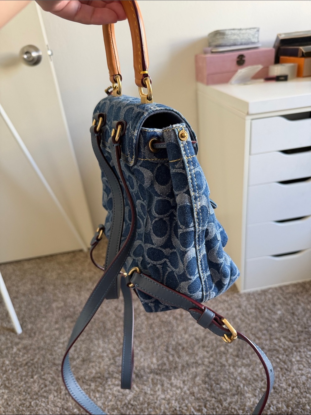 Coach Blue Denim Signature Mini Backpack with Tan Leather Handle - Picture 4 of 8